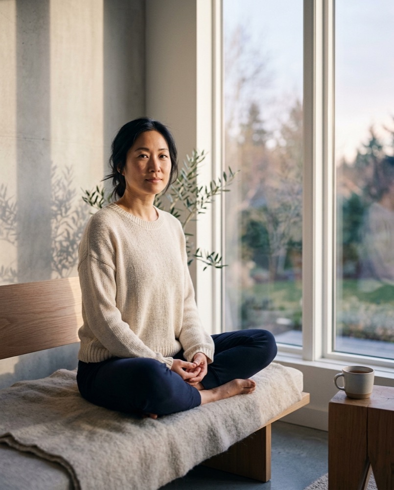 A calm person sitting in soft morning light.