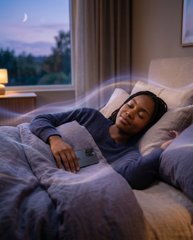 A person resting in bed with a phone placed on their chest.