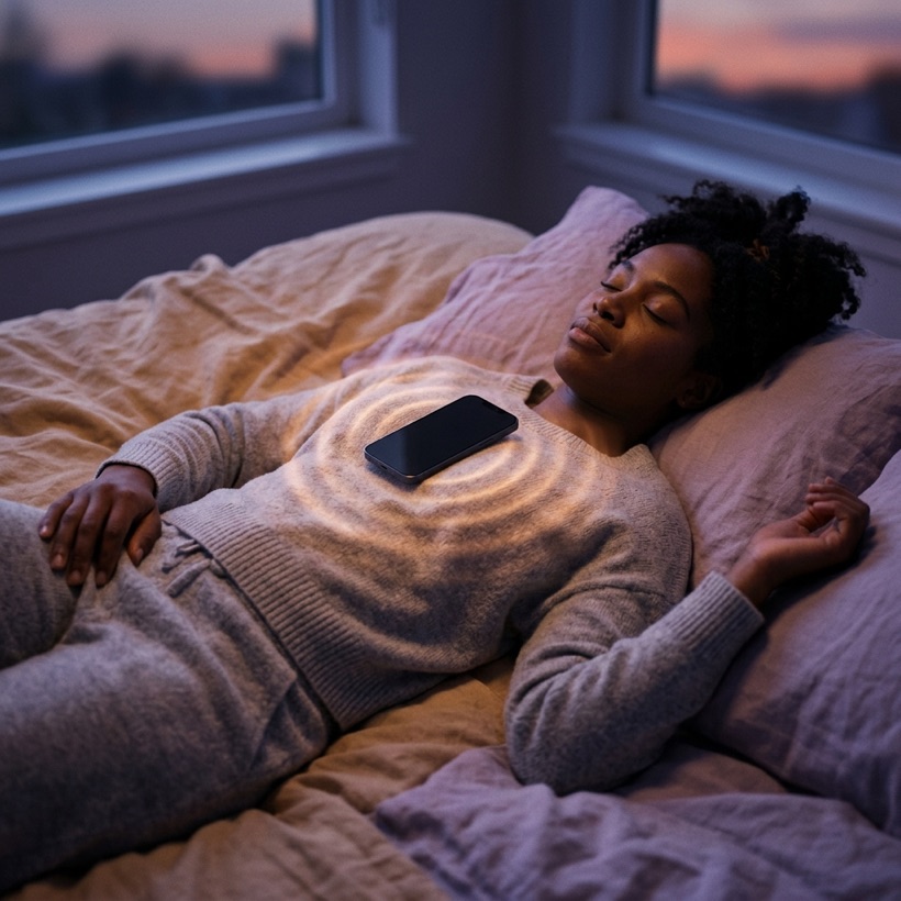 A phone resting securely on a person's chest.