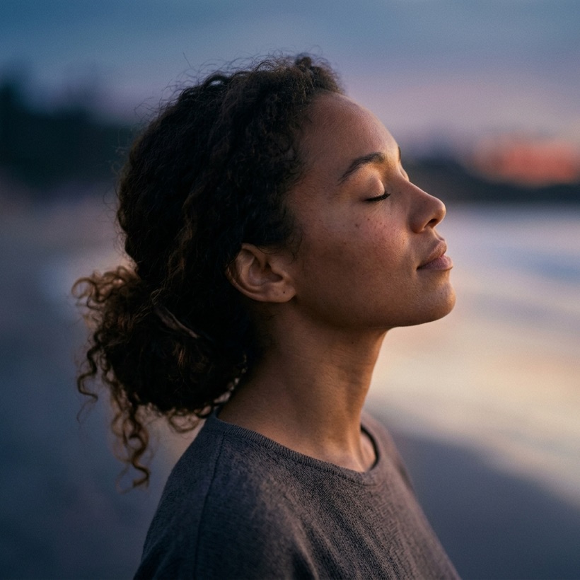 A relaxed person with closed eyes during a session.