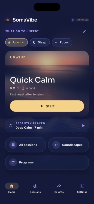 SomaVibe home screen with suggested sessions and recent activity.