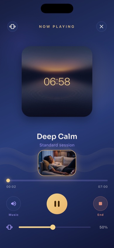 Deep Calm session player with time, sound and intensity controls.