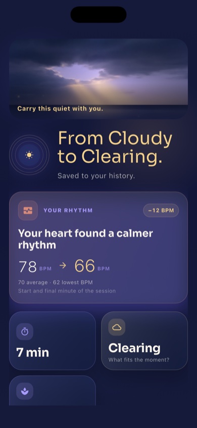 SomaVibe session summary with a personal check-in and heart-rate response.